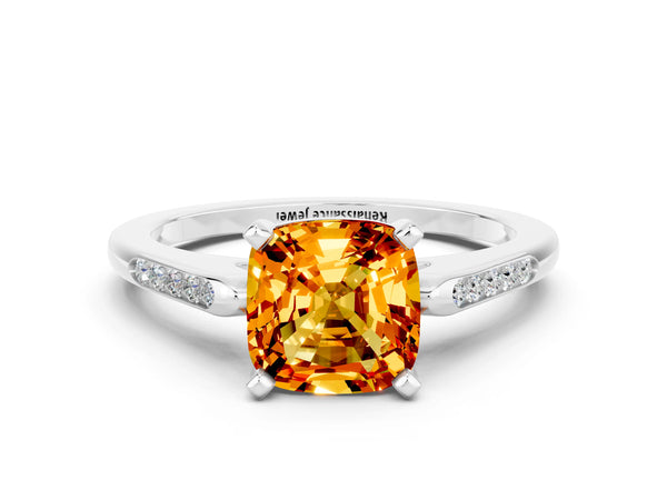 White gold Cushion Cut Citrine Solitaire Ring with Channel Set Round  Band and Prong Setting