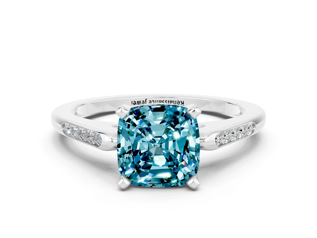 White gold Cushion Cut Cut Channel Set Solitaire Engagement Ring with Four-Prong Setting