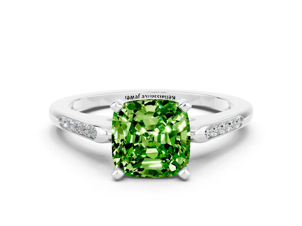 Platinum Cushion Cut Peridot Solitaire Ring with Channel Set Round  Band and Prong Setting