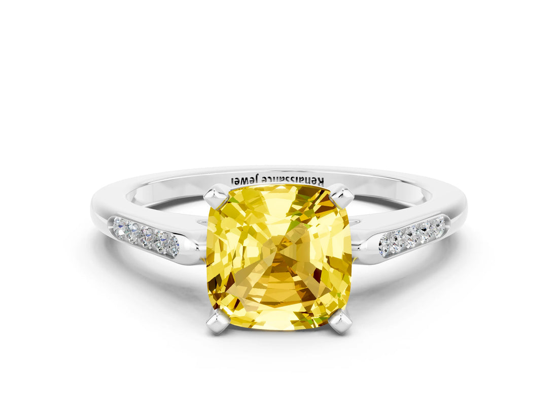 White gold Cushion Cut Cut Channel Set Solitaire Engagement Ring with Four-Prong Setting