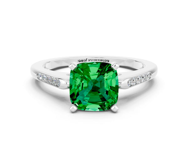 Silver Cushion Cut Emerald Solitaire Ring with Channel Set Round  Band and Prong Setting