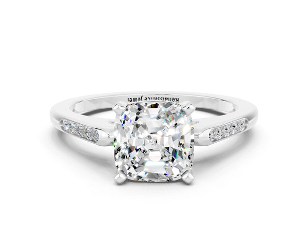 Platinum Cushion Cut Moissanite Solitaire Ring with Channel Set Round  Band and Prong Setting