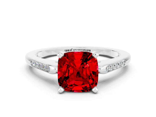 Platinum Cushion Cut Ruby Solitaire Ring with Channel Set Round  Band and Prong Setting