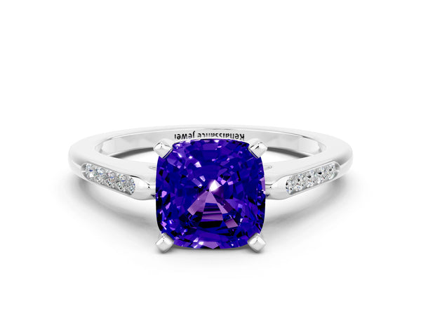 Silver Cushion Cut Tanzanite Solitaire Ring with Channel Set Round  Band and Prong Setting
