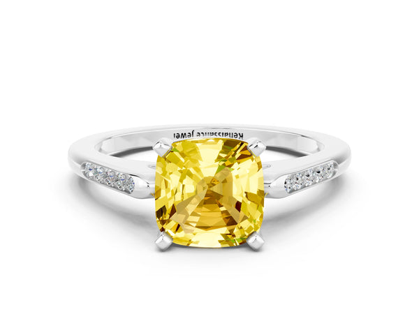 Platinum Cushion Cut Yellow Sapphire Solitaire Ring with Channel Set Round  Band and Prong Setting