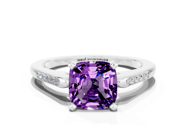 Silver Cushion Cut Amethyst Solitaire Ring with Channel Set Round  Band and Prong Setting