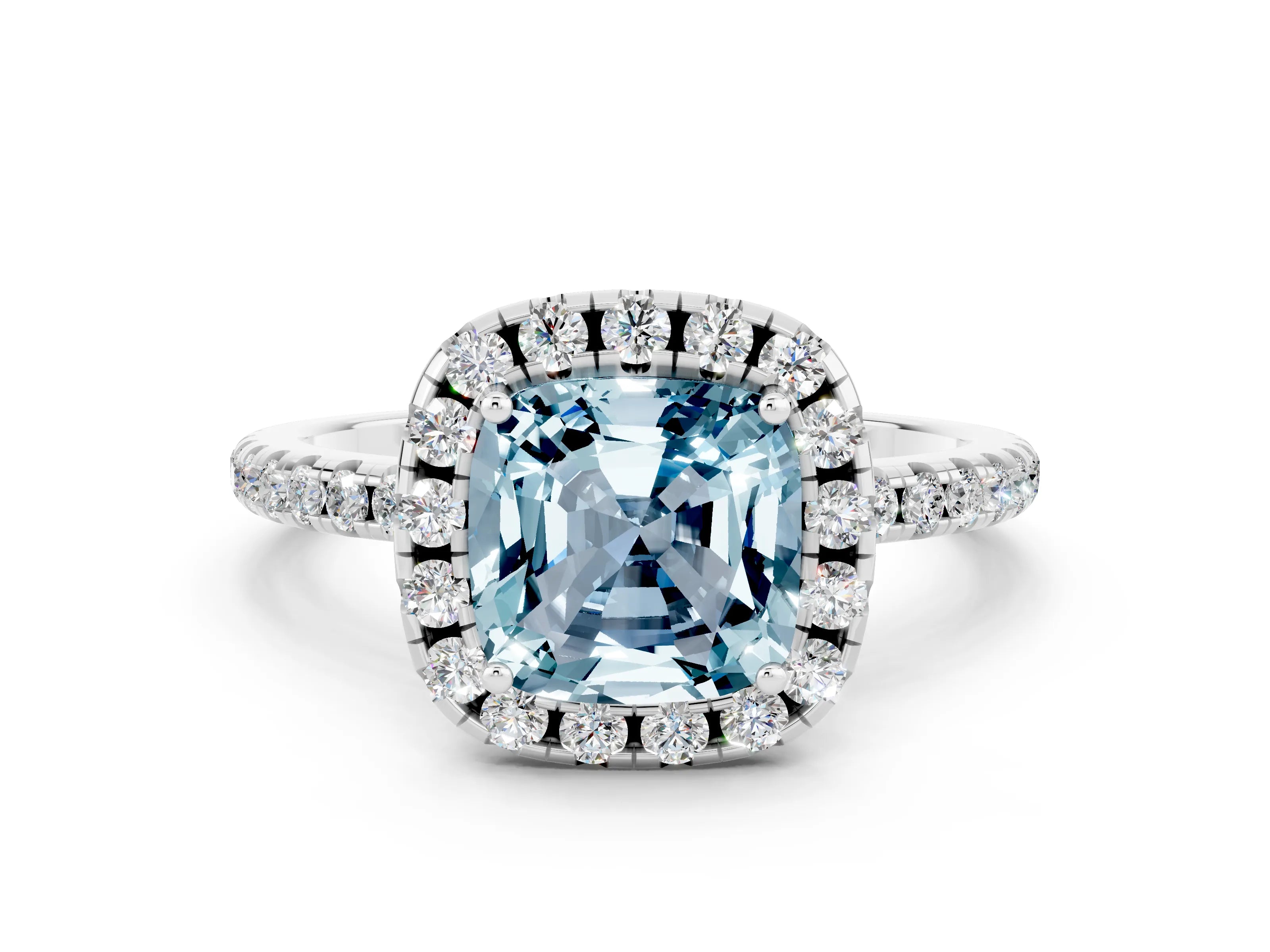 White gold Cushion Cut Cut Diamond Floral Halo Engagement Ring with Pavé Band and Prong Setting