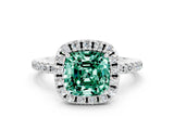 White gold Cushion Cut Cut Diamond Floral Halo Engagement Ring with Pavé Band and Prong Setting