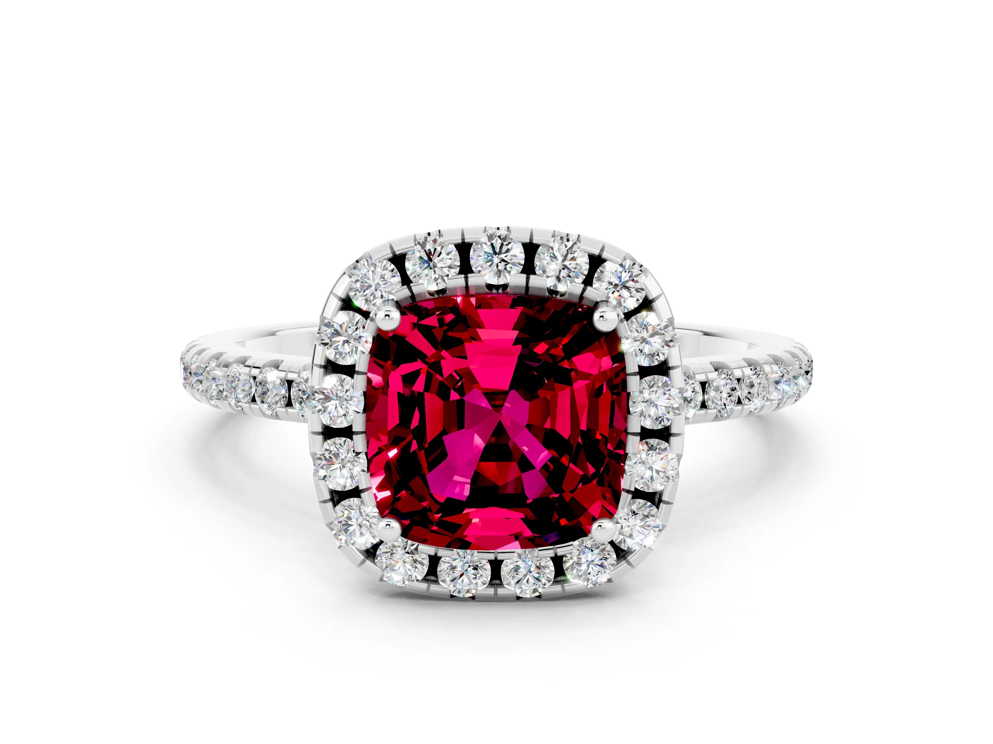 White gold Cushion Cut Cut Diamond Floral Halo Engagement Ring with Pavé Band and Prong Setting