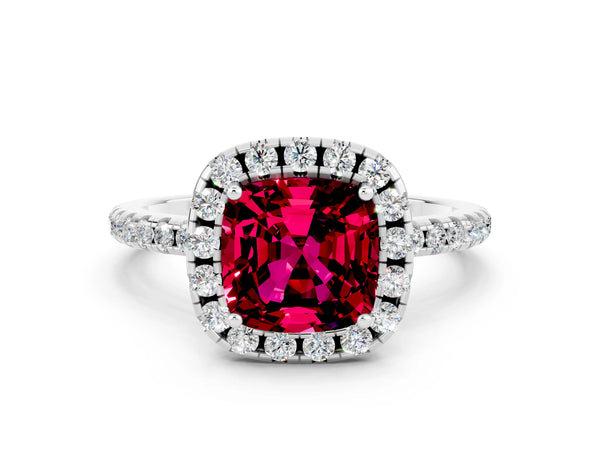 White gold Cushion Cut Garnet Halo Engagement Ring with Round Pavé Band and Prong Setting