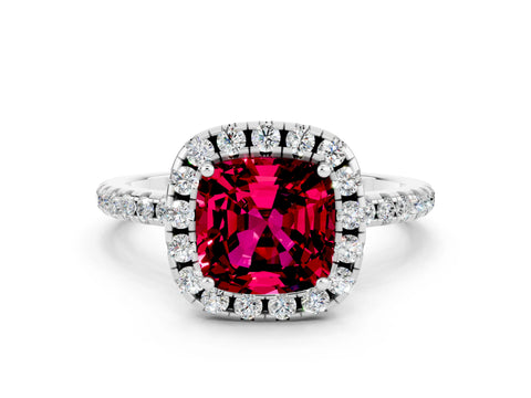White gold Cushion Cut Cut Diamond Floral Halo Engagement Ring with Pavé Band and Prong Setting
