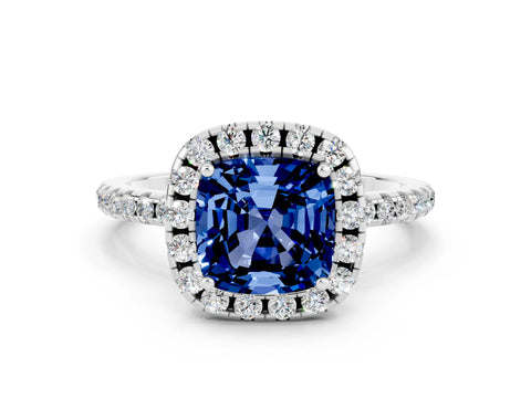 White gold Cushion Cut Cut Diamond Floral Halo Engagement Ring with Pavé Band and Prong Setting