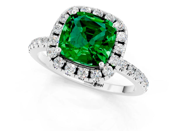 Silver Cushion Cut Emerald Halo Engagement Ring with Round Pavé Band and Prong Setting
