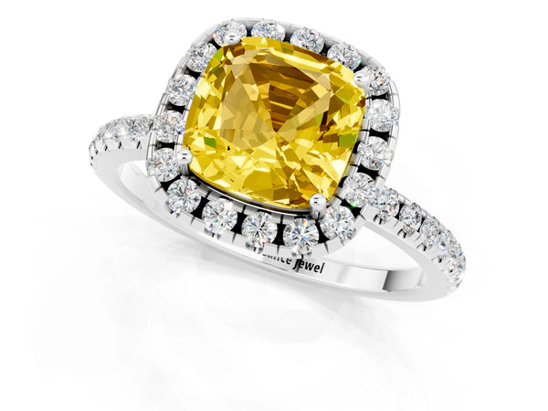 White gold Cushion Cut Yellow Sapphire Halo Engagement Ring with Round Pavé Band and Prong Setting
