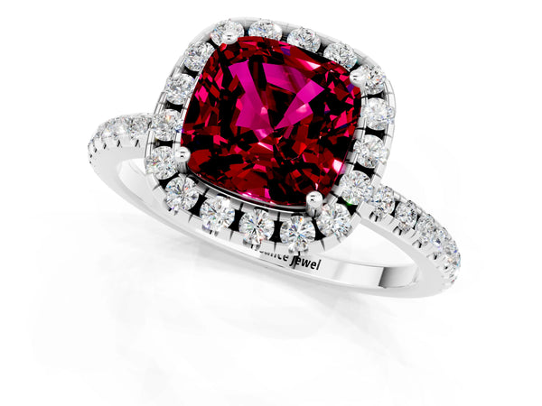 Silver Cushion Cut Garnet Halo Engagement Ring with Round Pavé Band and Prong Setting