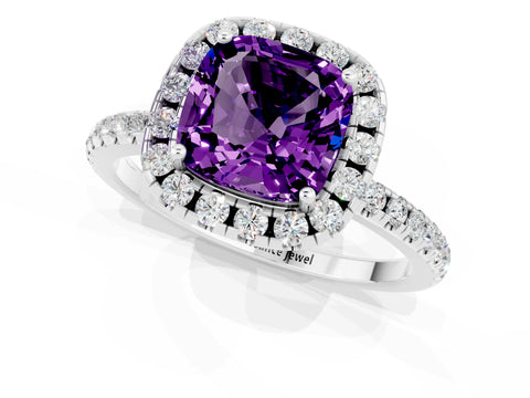 White gold Cushion Cut Cut Diamond Floral Halo Engagement Ring with Pavé Band and Prong Setting_1