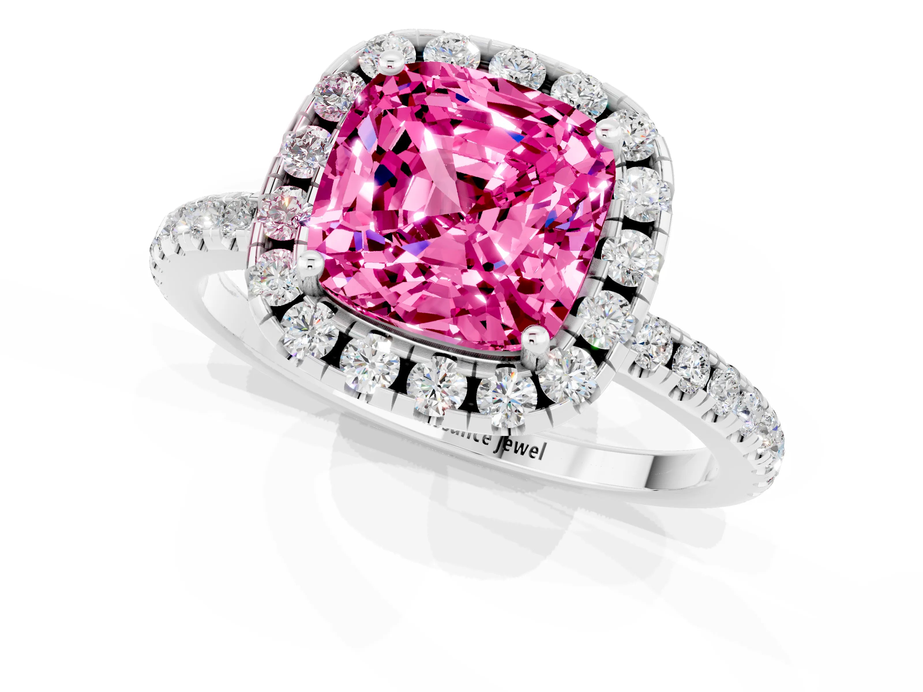 White gold Cushion Cut Cut Diamond Floral Halo Engagement Ring with Pavé Band and Prong Setting_1