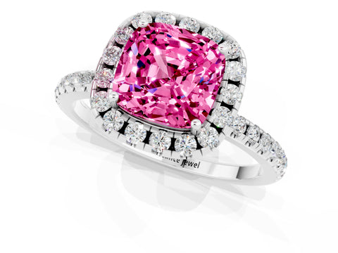 White gold Cushion Cut Cut Diamond Floral Halo Engagement Ring with Pavé Band and Prong Setting_1
