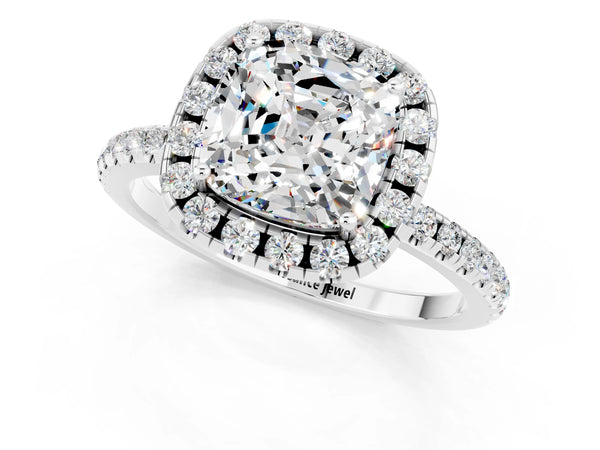 Silver Cushion Cut Moissanite Halo Engagement Ring with Round Pavé Band and Prong Setting