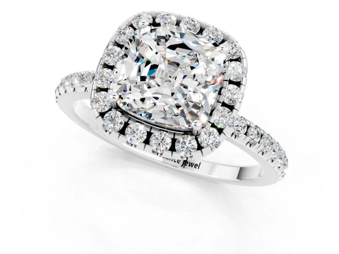 White gold Cushion Cut Cut Diamond Floral Halo Engagement Ring with Pavé Band and Prong Setting_1