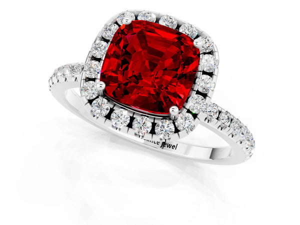 White gold Cushion Cut Cut Diamond Floral Halo Engagement Ring with Pavé Band and Prong Setting