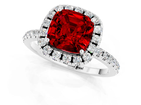 White gold Cushion Cut Cut Diamond Floral Halo Engagement Ring with Pavé Band and Prong Setting_1