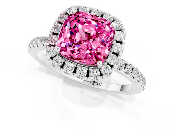 Platinum Cushion Cut Cut Diamond Floral Halo Engagement Ring with Pavé Band and Prong Setting