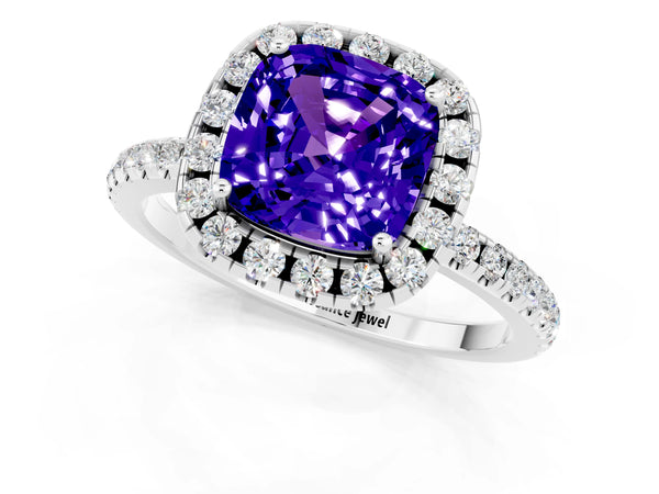 Silver Cushion Cut Tanzanite Halo Engagement Ring with Round Pavé Band and Prong Setting