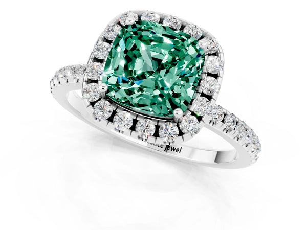 Silver Cushion Cut Green Sapphire Halo Engagement Ring with Round Pavé Band and Prong Setting