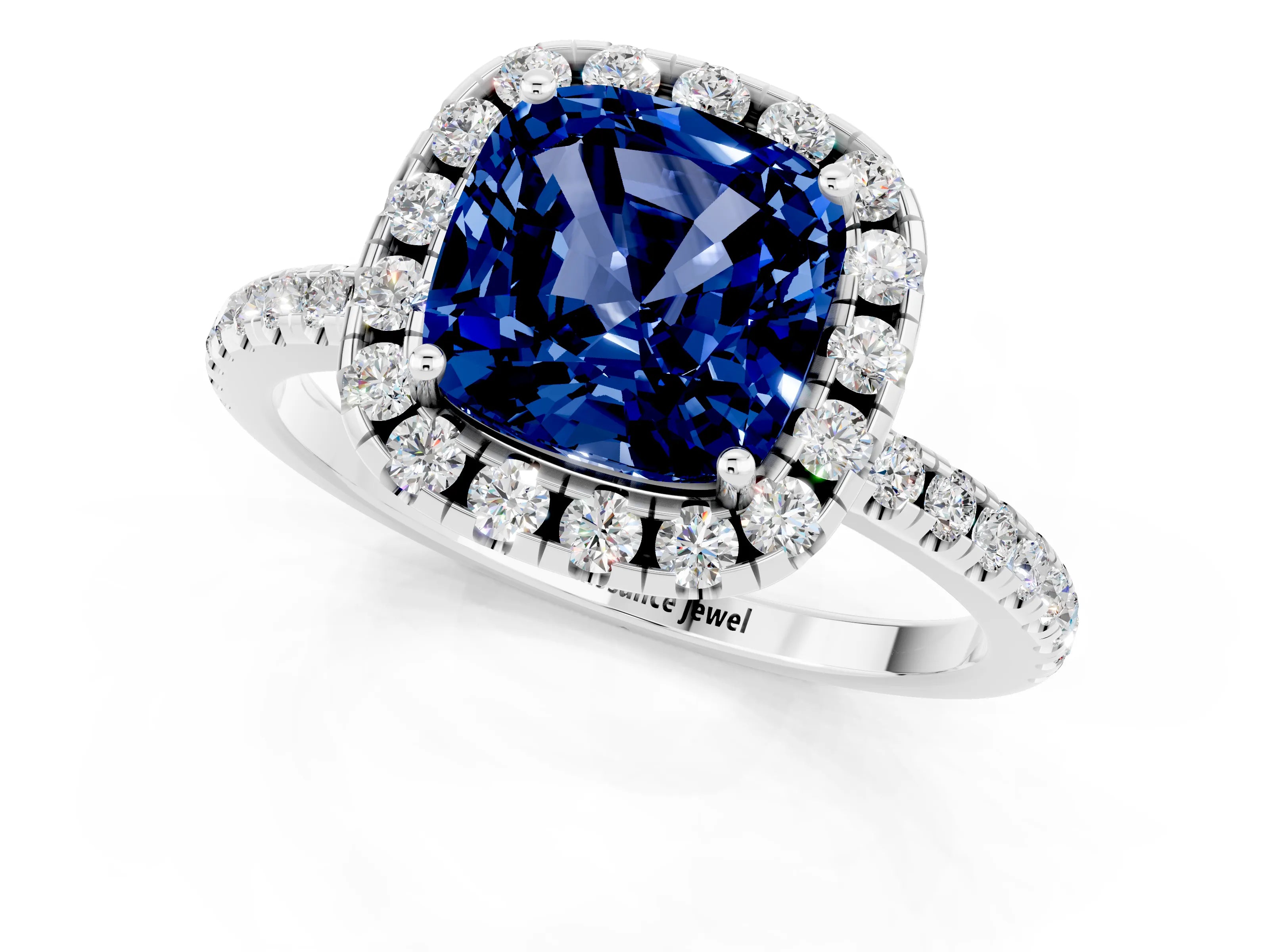 White gold Cushion Cut Cut Diamond Floral Halo Engagement Ring with Pavé Band and Prong Setting_1