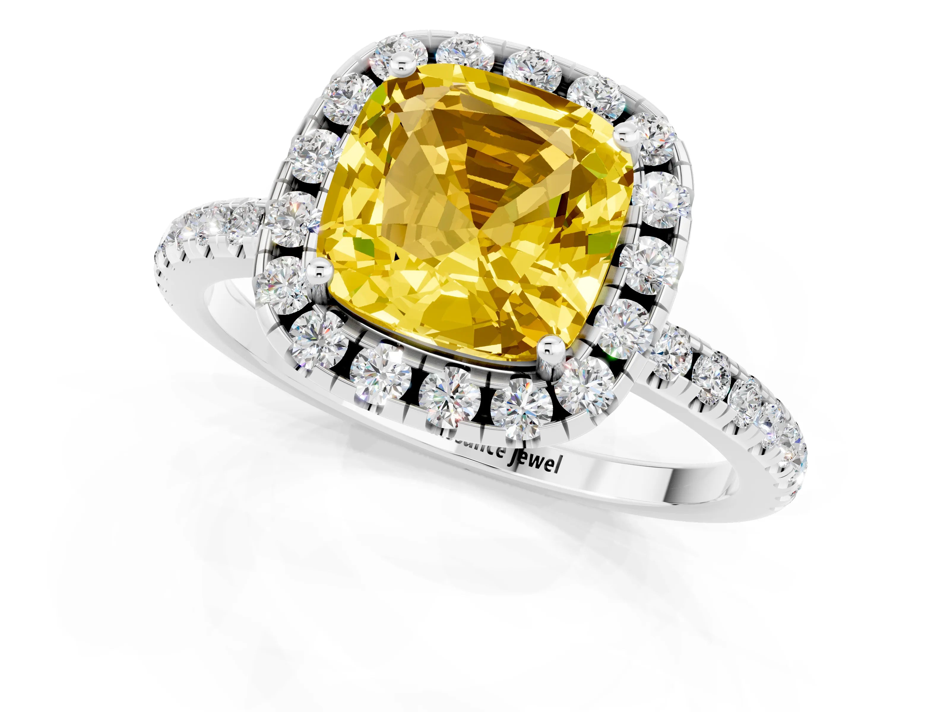 White gold Cushion Cut Cut Diamond Floral Halo Engagement Ring with Pavé Band and Prong Setting_1