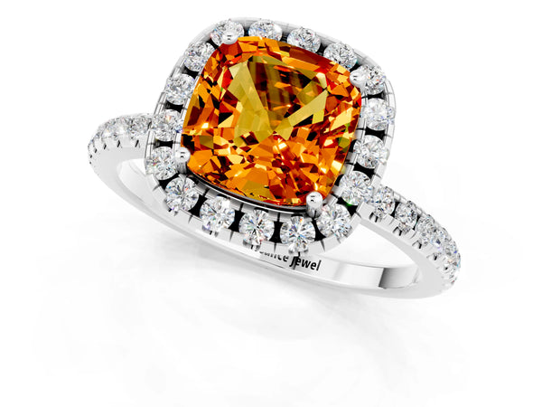 White gold Cushion Cut Citrine Halo Engagement Ring with Round Pavé Band and Prong Setting