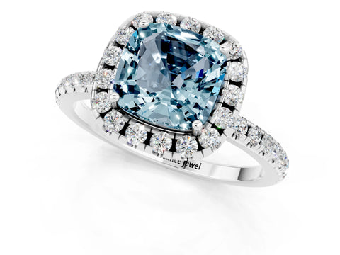 White gold Cushion Cut Cut Diamond Floral Halo Engagement Ring with Pavé Band and Prong Setting_1