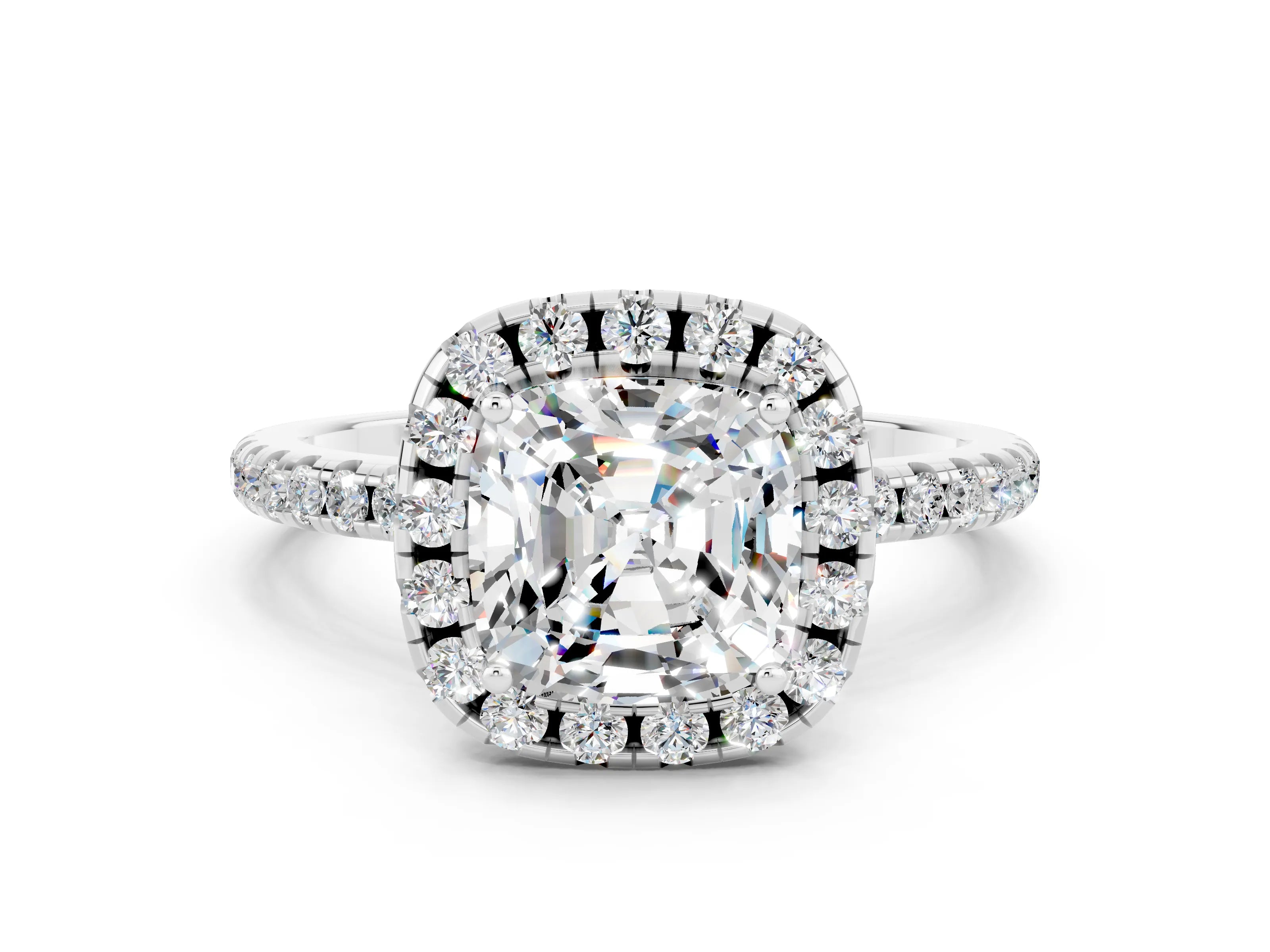 White gold Cushion Cut Cut Diamond Floral Halo Engagement Ring with Pavé Band and Prong Setting