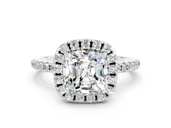 Silver Cushion Cut Moissanite Halo Engagement Ring with Round Pavé Band and Prong Setting
