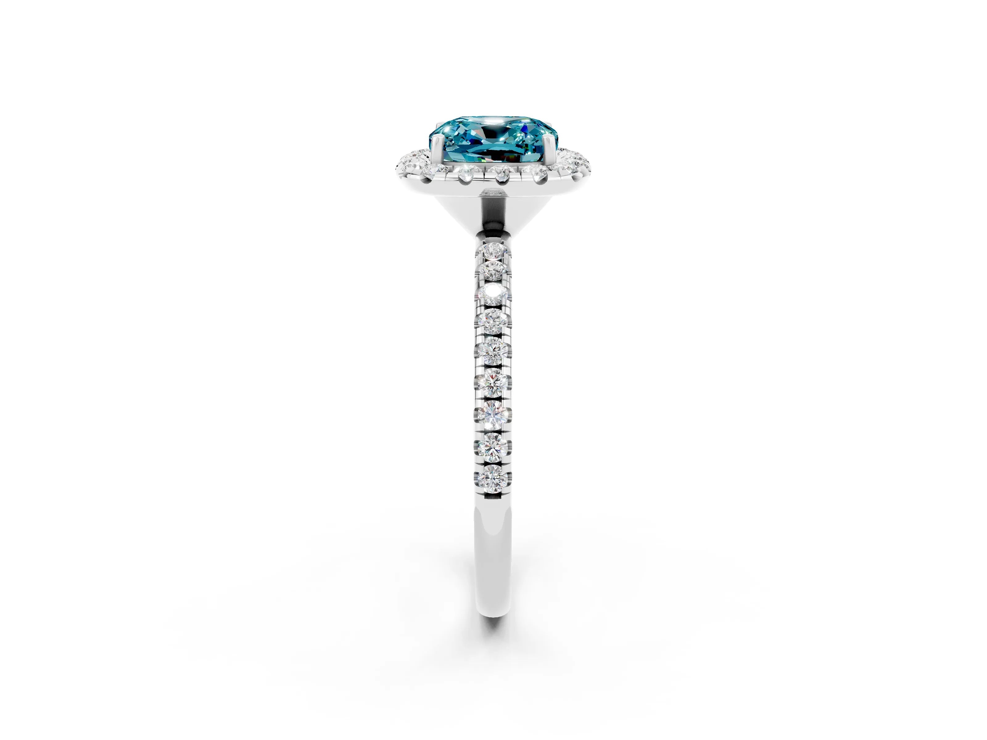 White gold Cushion Cut Cut Diamond Floral Halo Engagement Ring with Pavé Band and Prong Setting_2