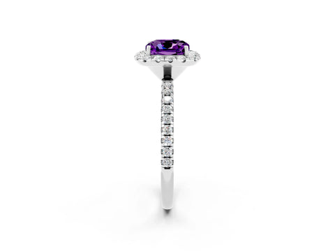 White gold Cushion Cut Cut Diamond Floral Halo Engagement Ring with Pavé Band and Prong Setting_2