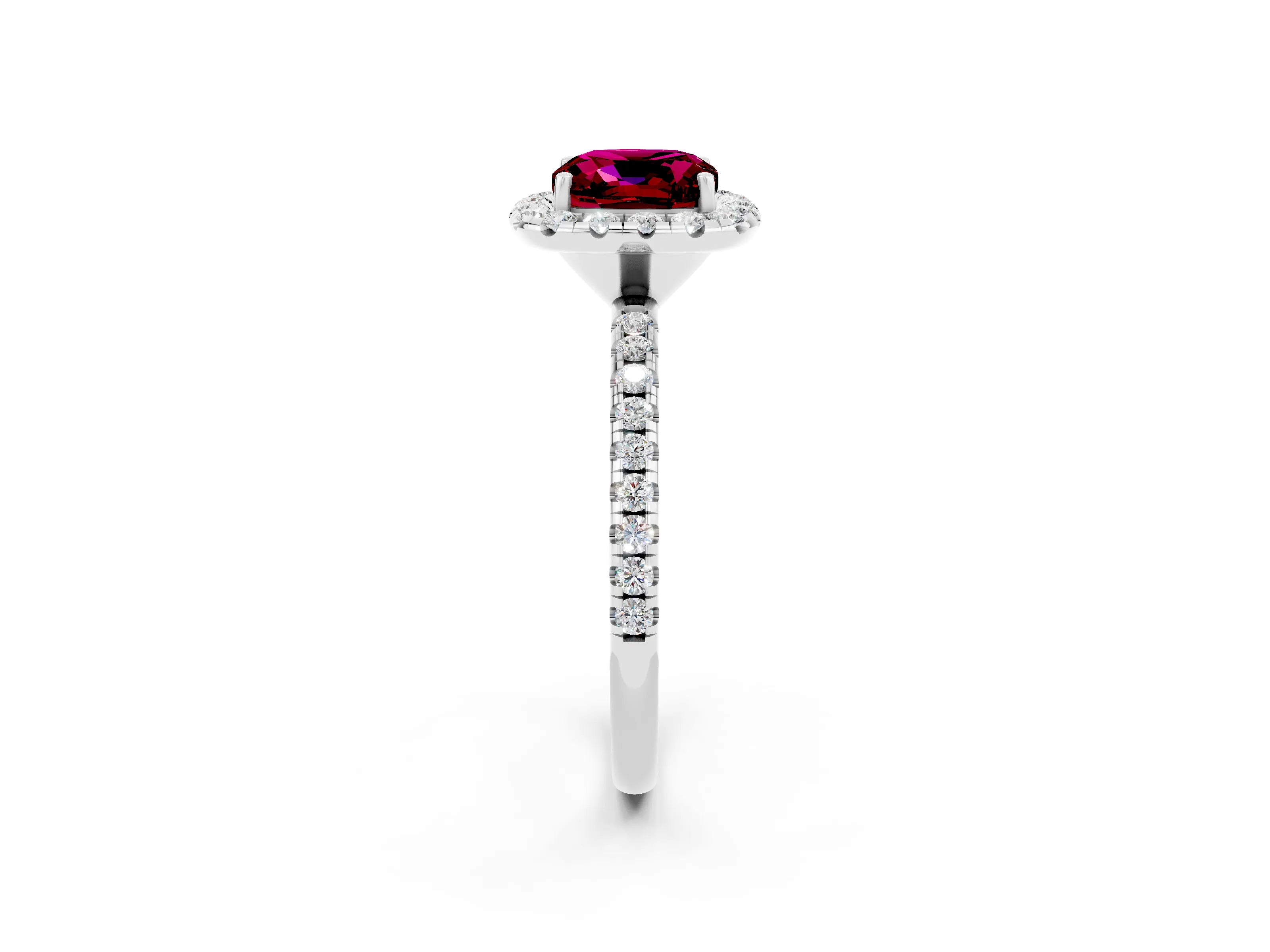 White gold Cushion Cut Cut Diamond Floral Halo Engagement Ring with Pavé Band and Prong Setting_2