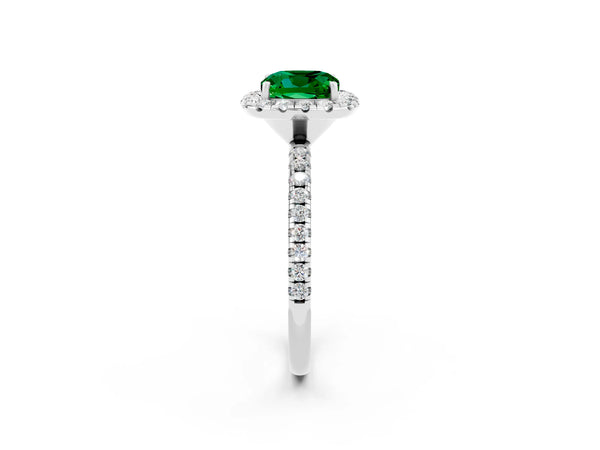 Silver Cushion Cut Emerald Halo Engagement Ring with Round Pavé Band and Prong Setting