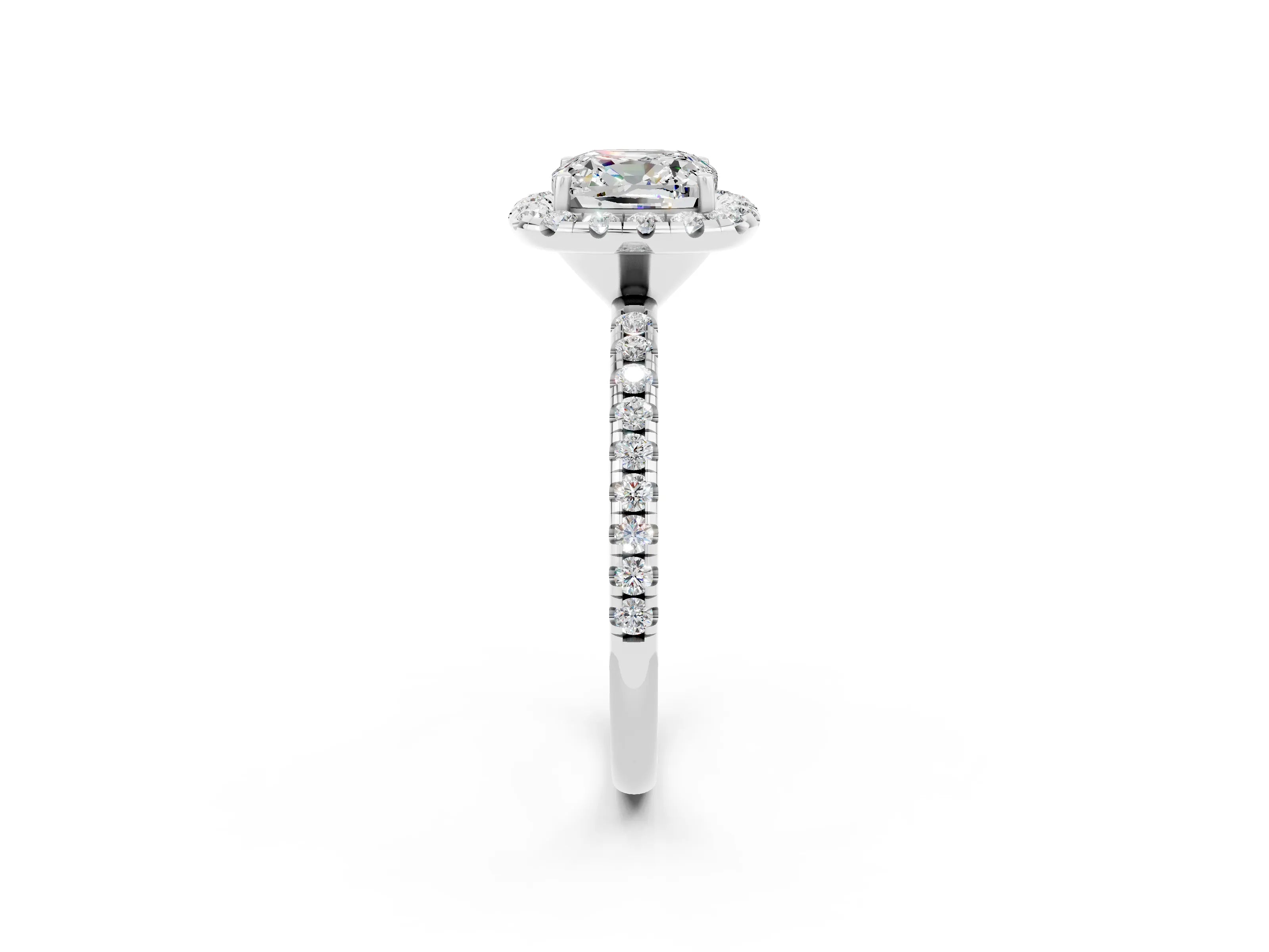 White gold Cushion Cut Cut Diamond Floral Halo Engagement Ring with Pavé Band and Prong Setting_2