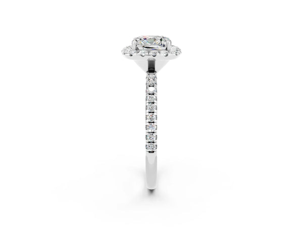 Silver Cushion Cut Moissanite Halo Engagement Ring with Round Pavé Band and Prong Setting