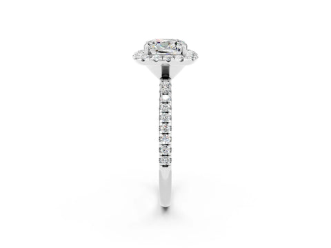 White gold Cushion Cut Cut Diamond Floral Halo Engagement Ring with Pavé Band and Prong Setting_2