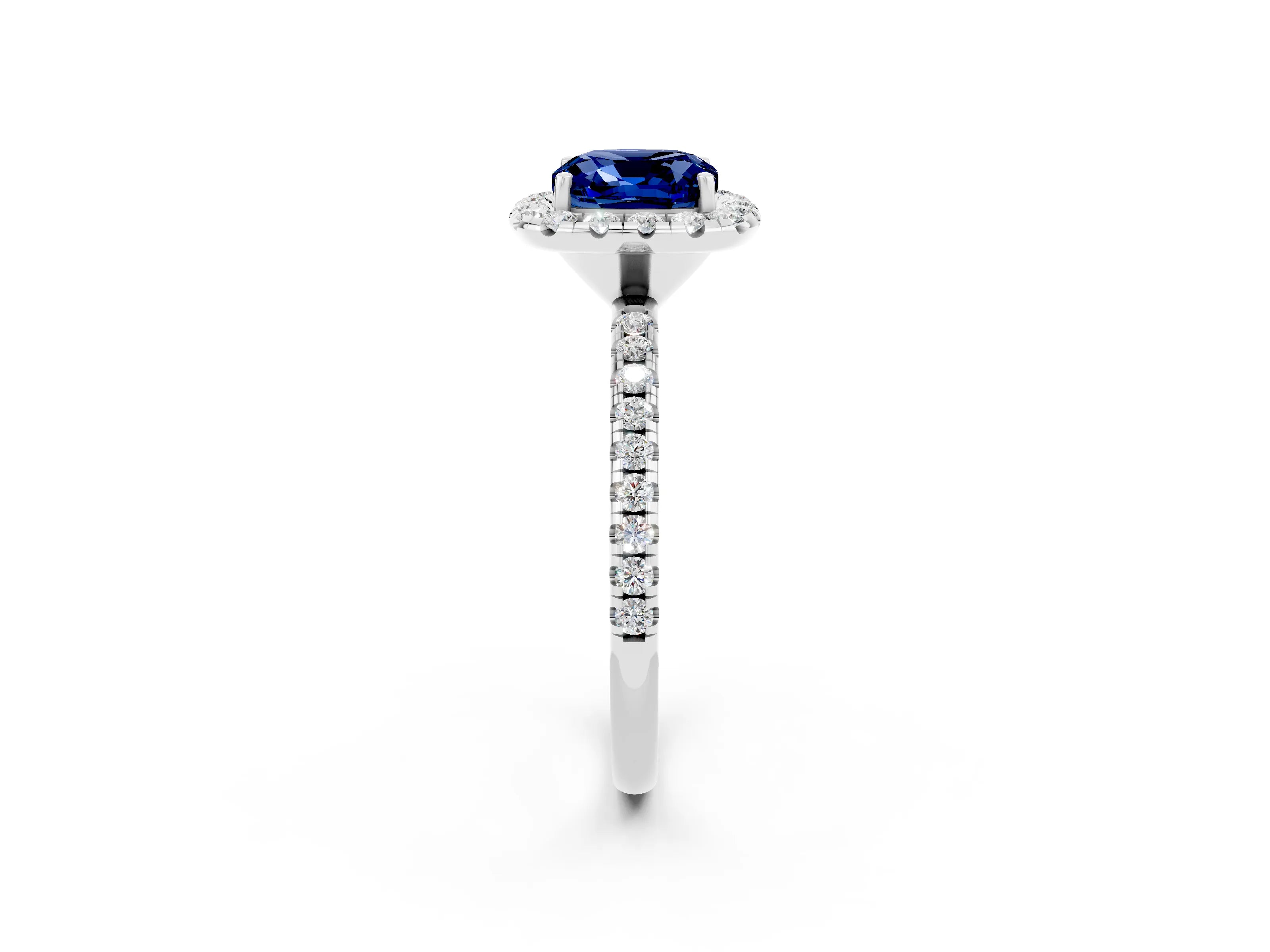 White gold Cushion Cut Cut Diamond Floral Halo Engagement Ring with Pavé Band and Prong Setting_2