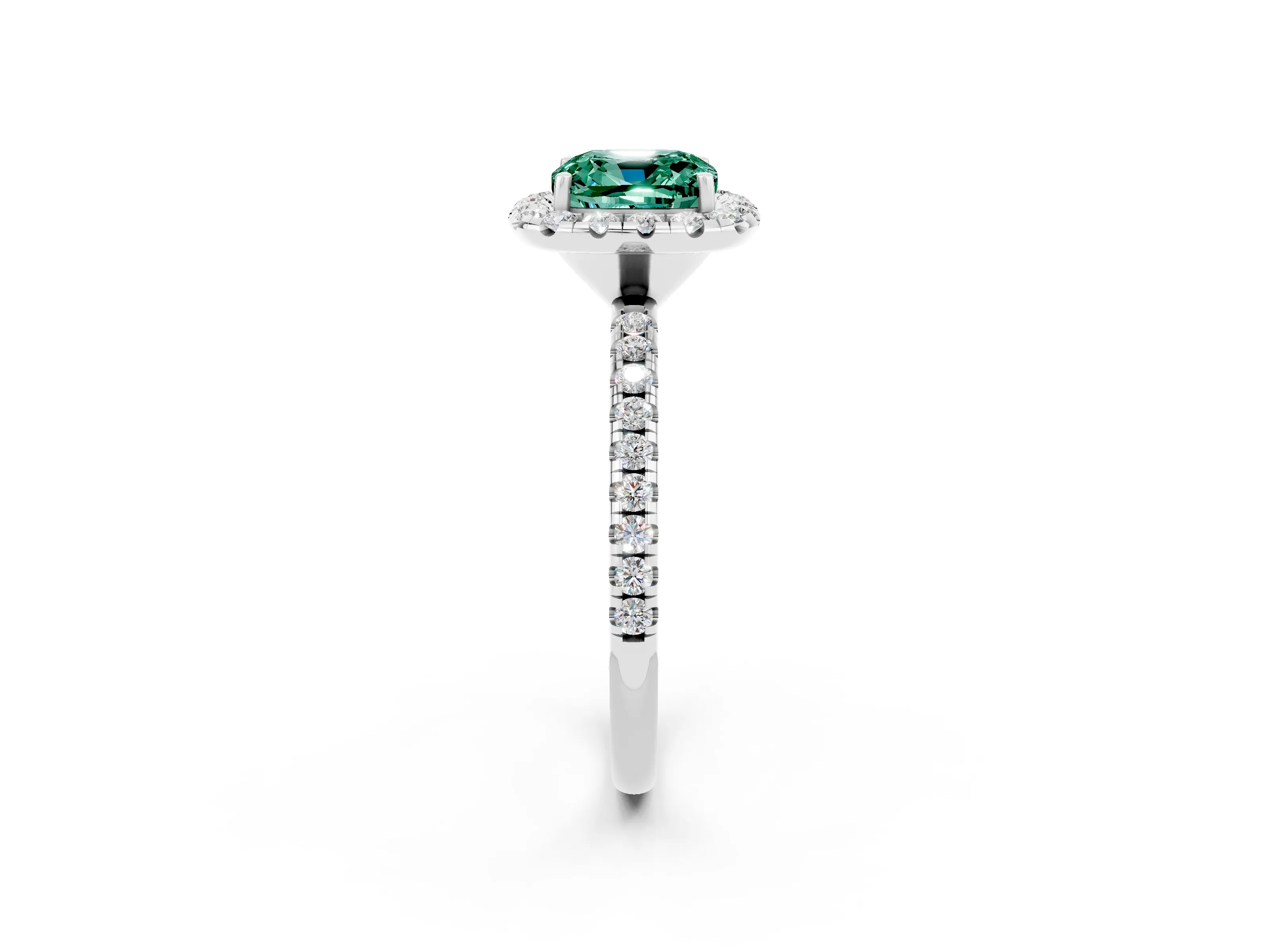 White gold Cushion Cut Cut Diamond Floral Halo Engagement Ring with Pavé Band and Prong Setting_2