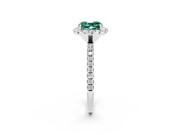 Silver Cushion Cut Green Sapphire Halo Engagement Ring with Round Pavé Band and Prong Setting