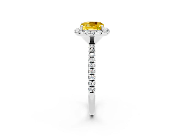 Platinum Cushion Cut Yellow Sapphire Halo Engagement Ring with Round Pavé Band and Prong Setting