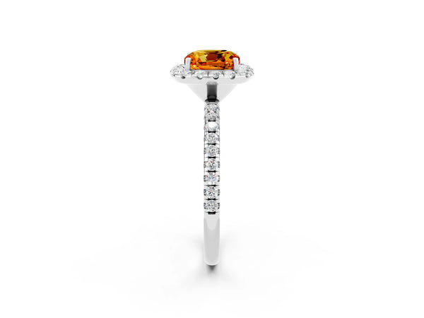 White gold Cushion Cut Citrine Halo Engagement Ring with Round Pavé Band and Prong Setting