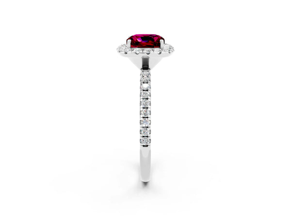 White gold Cushion Cut Garnet Halo Engagement Ring with Round Pavé Band and Prong Setting