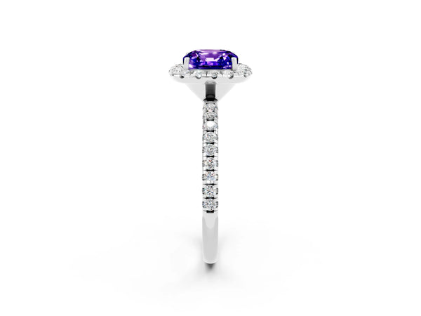 Silver Cushion Cut Tanzanite Halo Engagement Ring with Round Pavé Band and Prong Setting