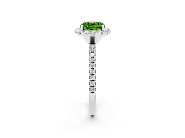 White gold Cushion Cut Cut Diamond Floral Halo Engagement Ring with Pavé Band and Prong Setting